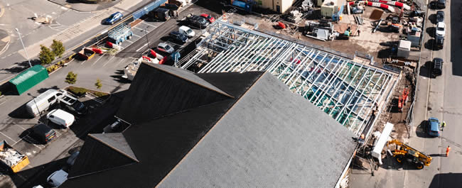 Aerial of construction of Aldi extension in Abergavenny town